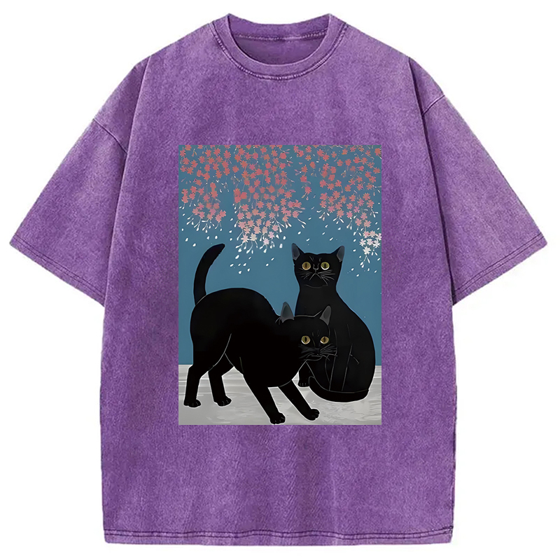 Modecanvas Black Cat Under The Sakura Washed T-Shirt