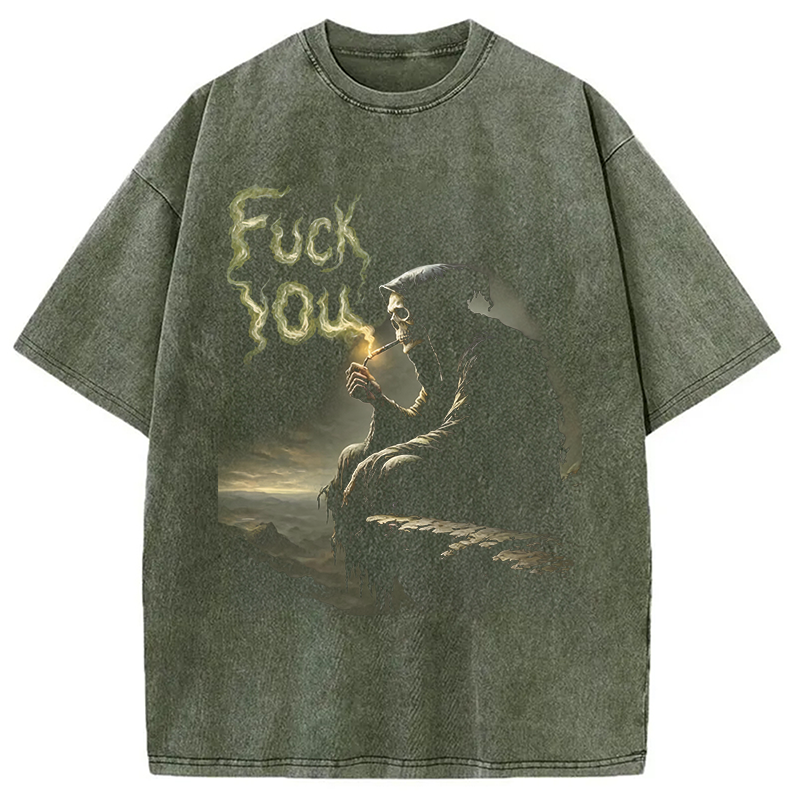 Modecanvas Grim Reaper Fu*k You DTG Printing Washed T-Shirt-modecanvas