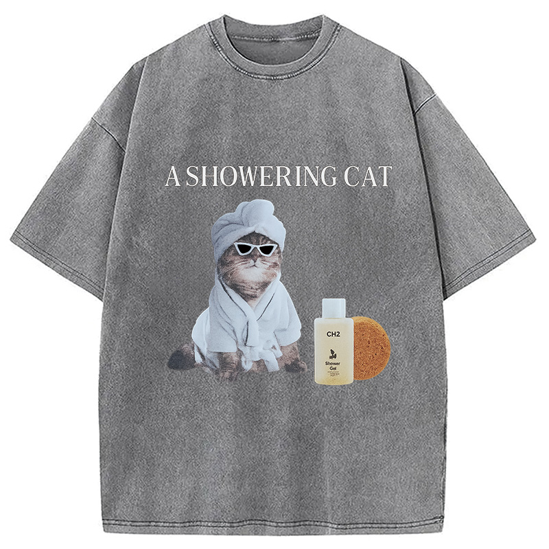 Modecanvas A Showering Cat Washed T-Shirt