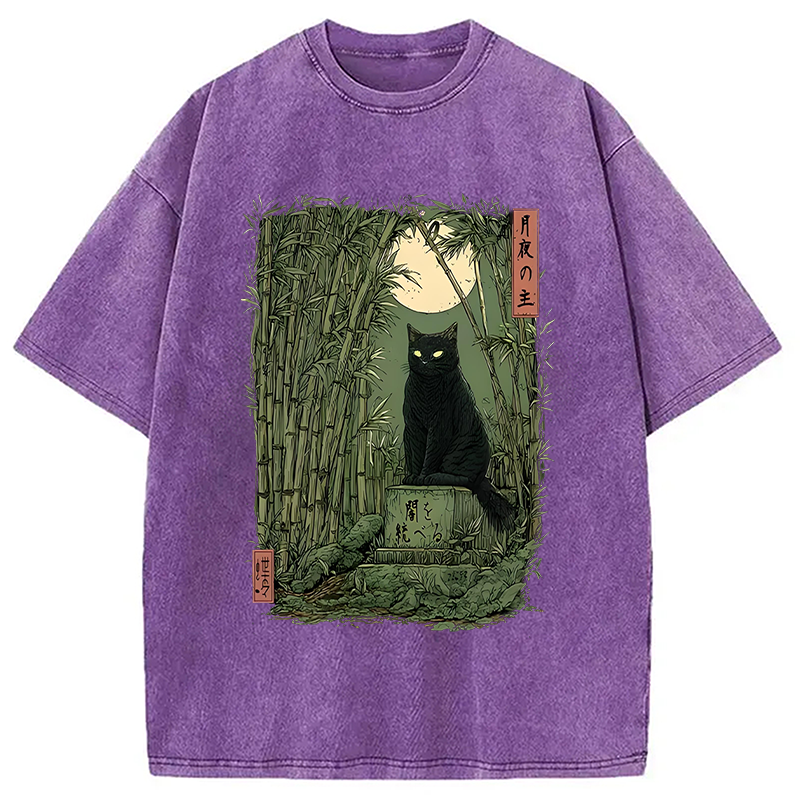 Modecanvas Black Cat In The Bamboo Forest Washed T-Shirt-modecanvas