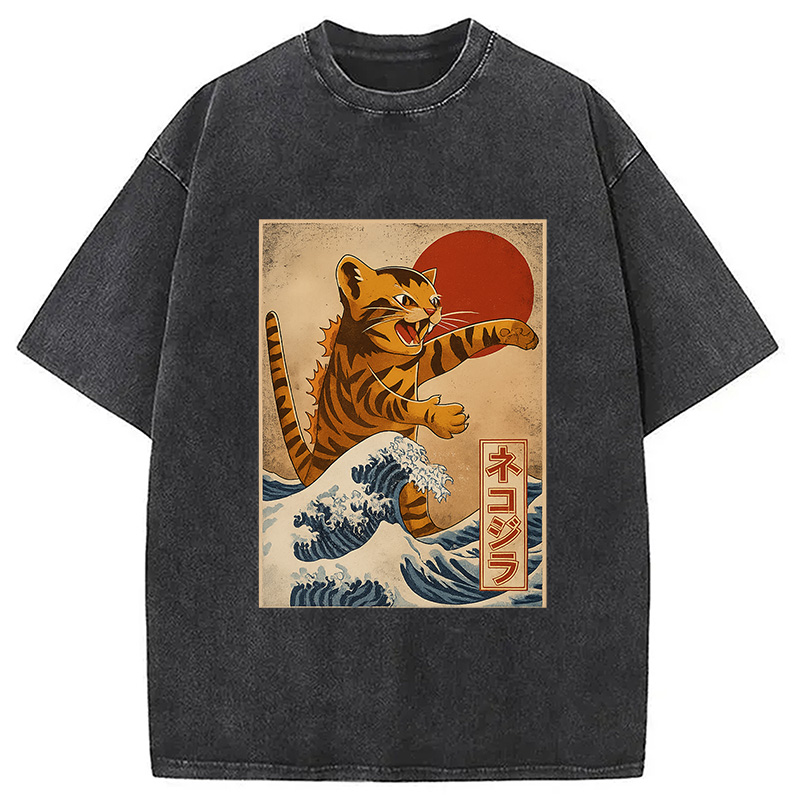 Modecanvas Catzilla Orange Cat Japanese Vintage Washed T-Shirt