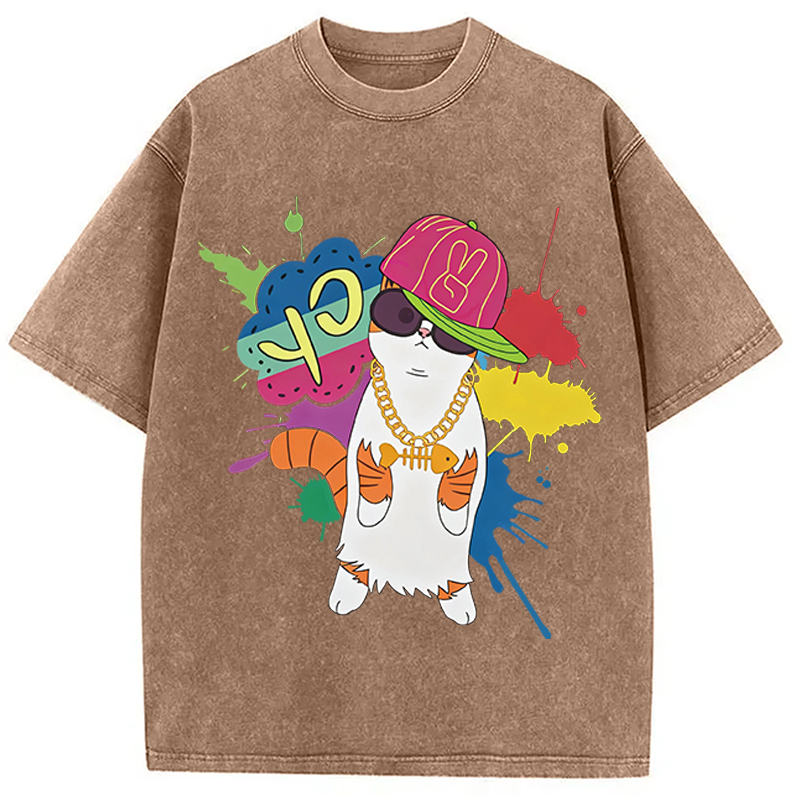 Modecanvas Hip Hop Cat DTG Printing Washed T-Shirt