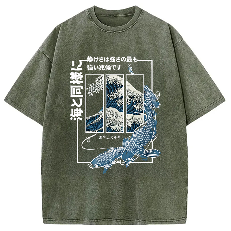 Modecanvas Koi Fish Great Wave DTG Printing Washed T-Shirt
