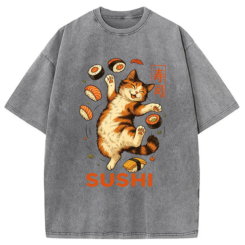 Modecanvas Funny Sushi Cat DTG Printing Washed T-Shirt