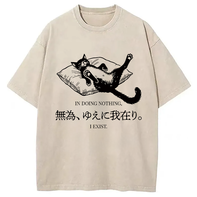 Modecanvas Minimalist Lazy Cat DTG Printing Washed T-Shirt-modecanvas