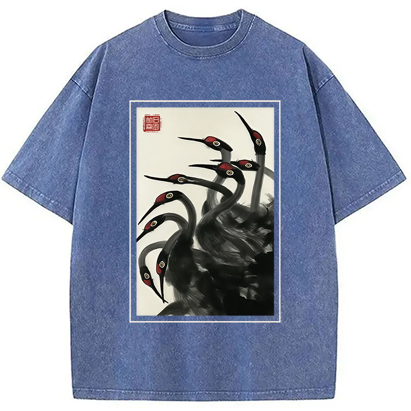 Modecanvas Retro Red Crowned Crane Washed T-Shirt