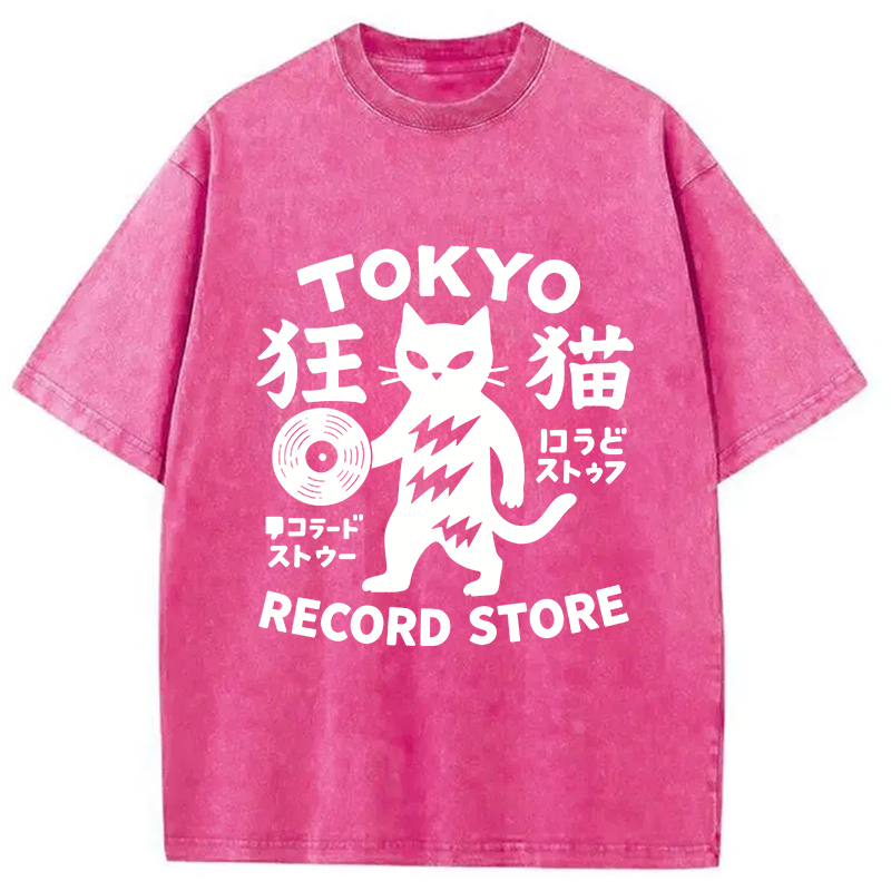 Modecanvas Tokyo Record Store Cat DTG Printing Washed T-Shirt
