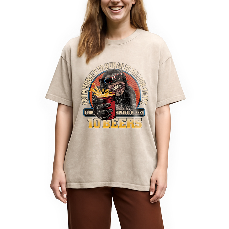 Modecanvas Human To Monkey In 10 Beers Funny Alcohol DTG Printing Washed T-Shirt
