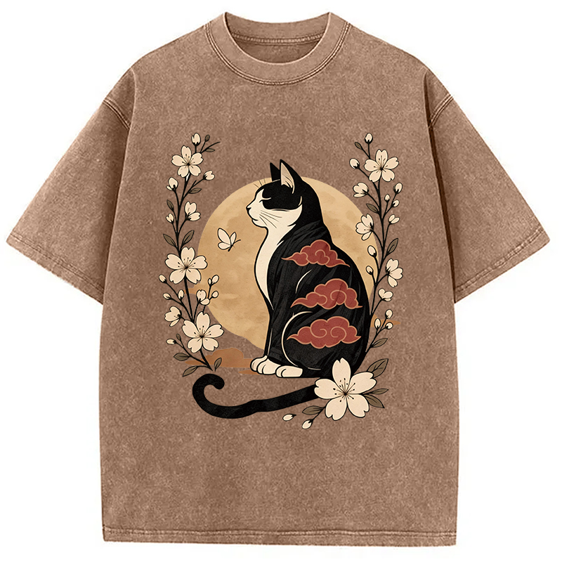 Modecanvas Kawaii Japanese Cat DTG Printing Washed T-Shirt-modecanvas