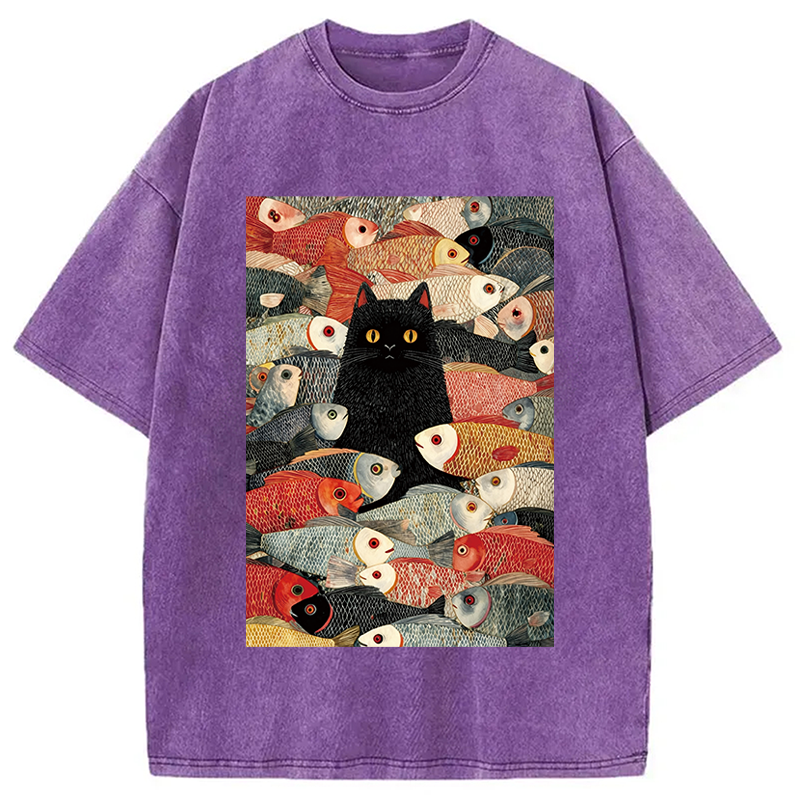 Modecanvas Black Cat Koi Fish Washed T-Shirt-modecanvas