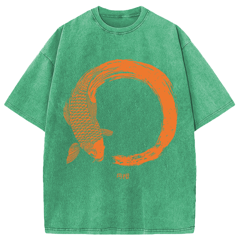 Modecanvas Orange Koi Fish Circle DTG Printing Washed T-Shirt