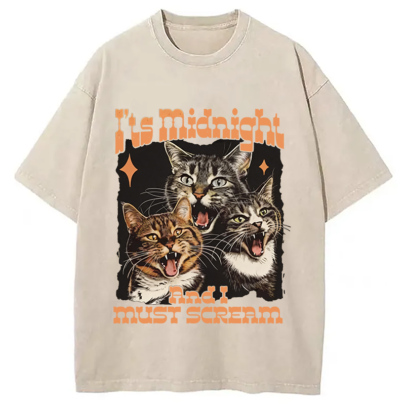 Modecanvas It's Midnight And I Must Scream Cat DTG Printing Washed T-Shirt