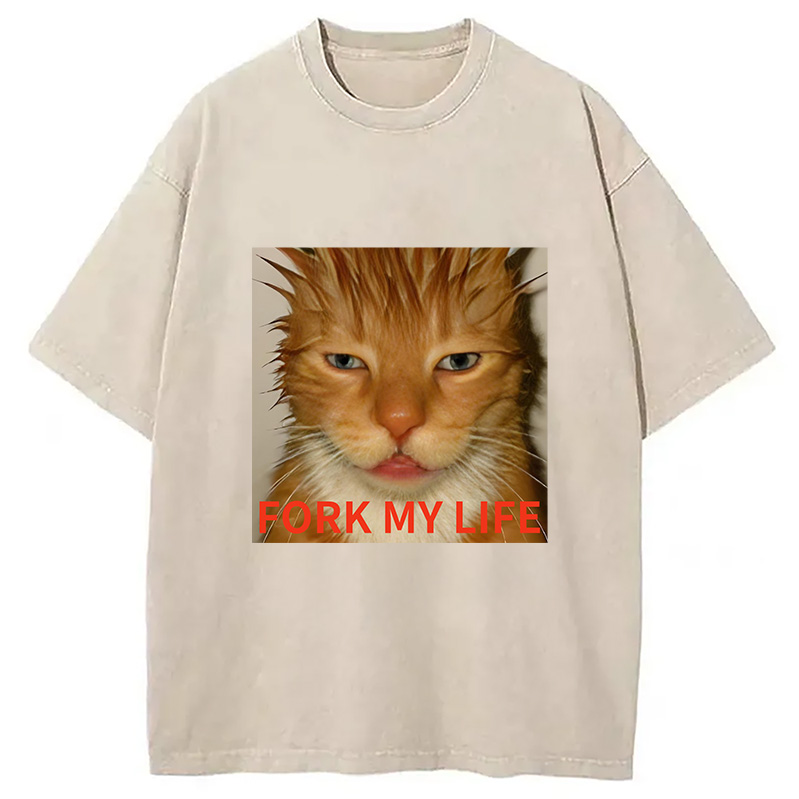 Modecanvas Orange Cat Fork My Life Washed T-Shirt