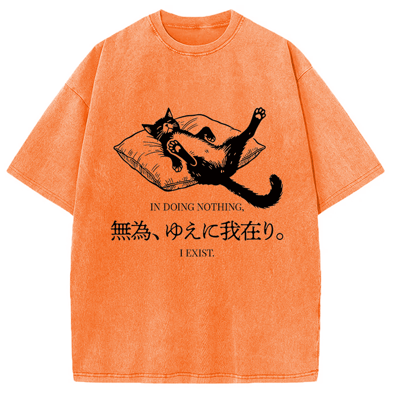 Modecanvas Minimalist Lazy Cat DTG Printing Washed T-Shirt-modecanvas
