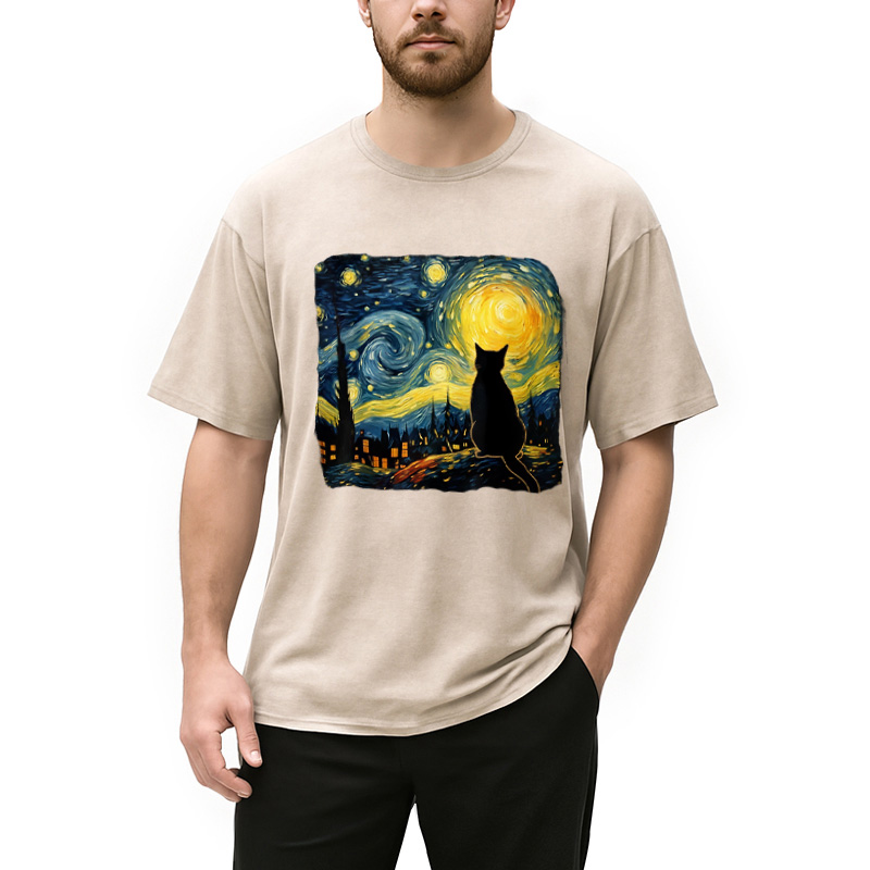 Modecanvas Cat Starry Night Washed T-Shirt