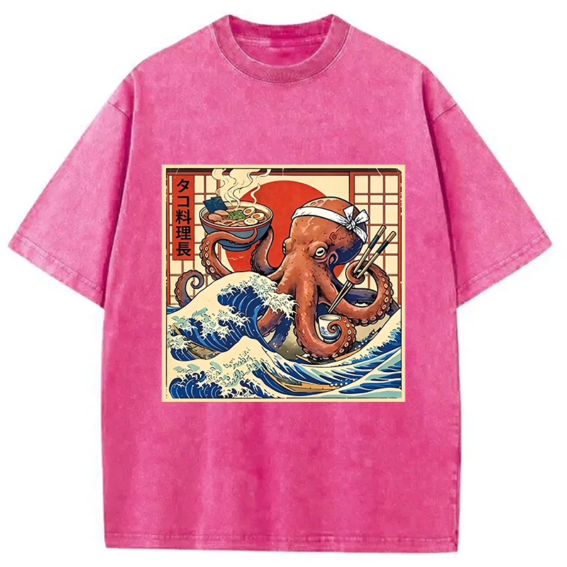 Modecanvas Ukiyo-E Octopus Ramen DTG Printing Washed T-Shirt