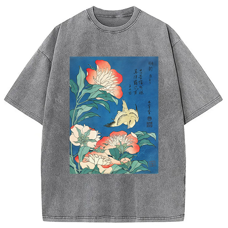 Modecanvas Hokusai Flowers Peonies Bird Washed T-Shirt