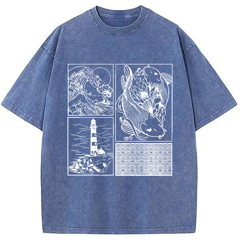 Modecanvas Vintage Minimalist Marine Life Japan Washed T-Shirt