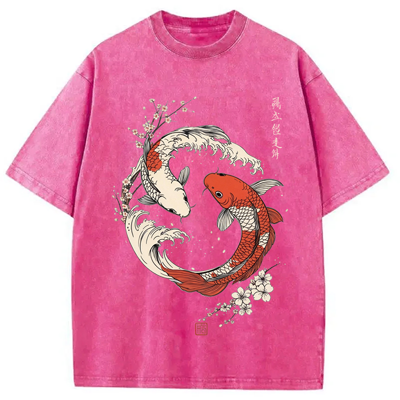 Modecanvas Koi Fish Cherry Blossoms Japanese DTG Printing Washed T-Shirt