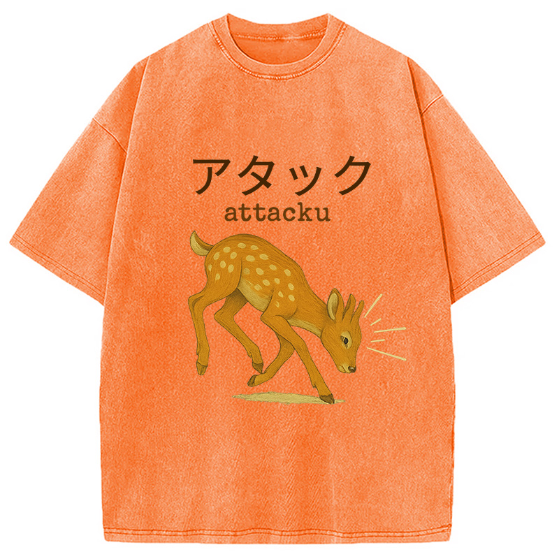 Modecanvas Funny Japanese Deer Washed T-Shirt