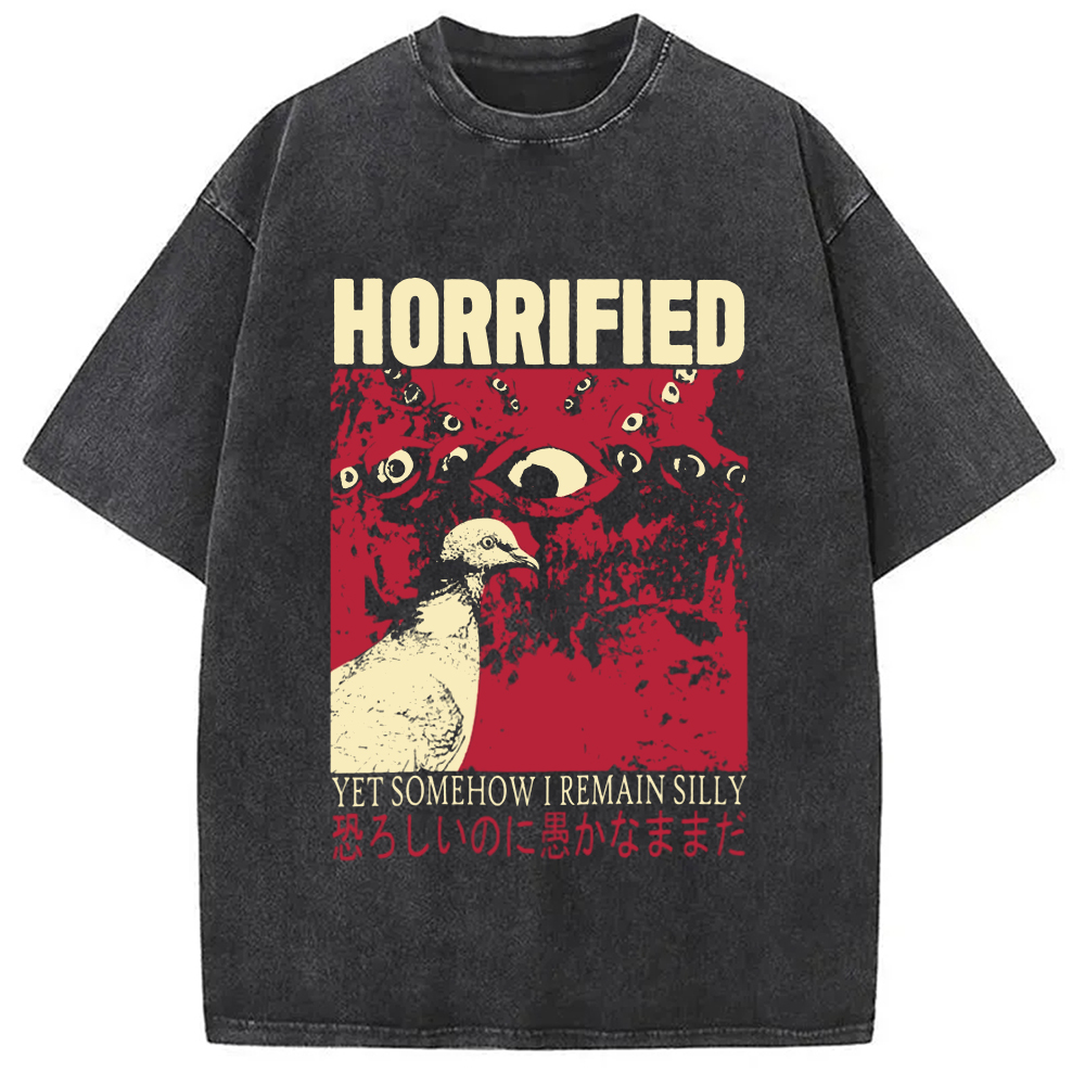 Modecanvas Horrified Pigeon Vintage DTG Printing Washed T-Shirt-modecanvas
