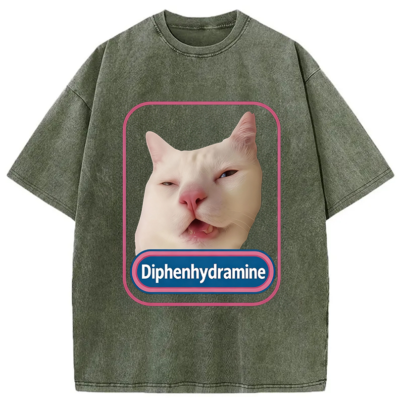 Modecanvas Funny Diphenhydramine Meme Cat Washed T-Shirt-modecanvas