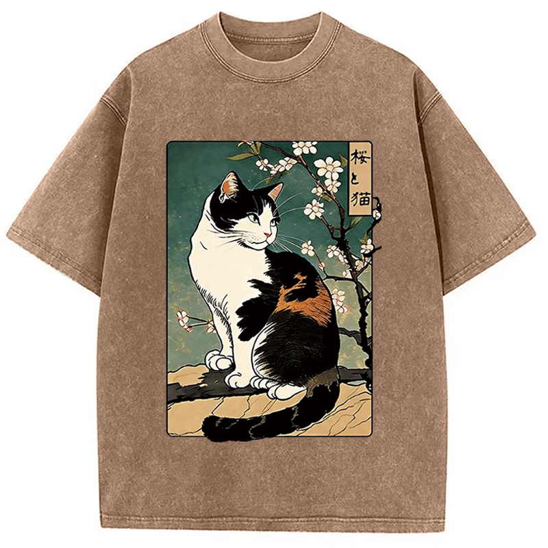 Modecanvas The Cat Under the Sakura DTG Printing Washed T-Shirt-modecanvas
