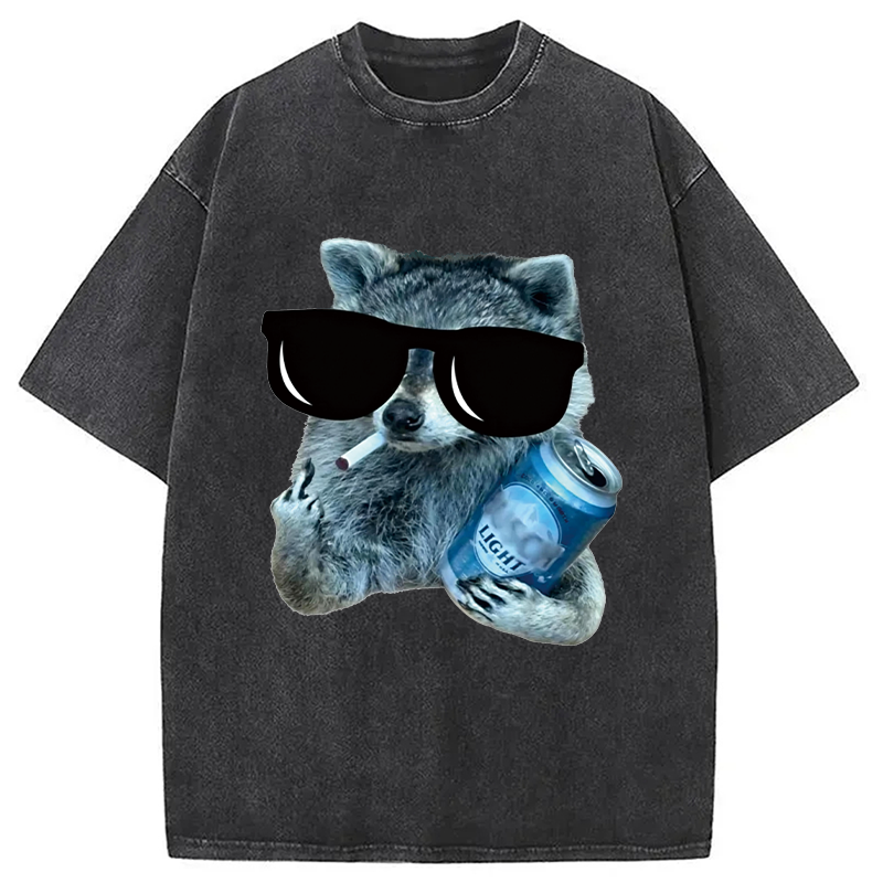 Modecanvas Raccoon Drinking Beer DTG Printing Washed T-Shirt