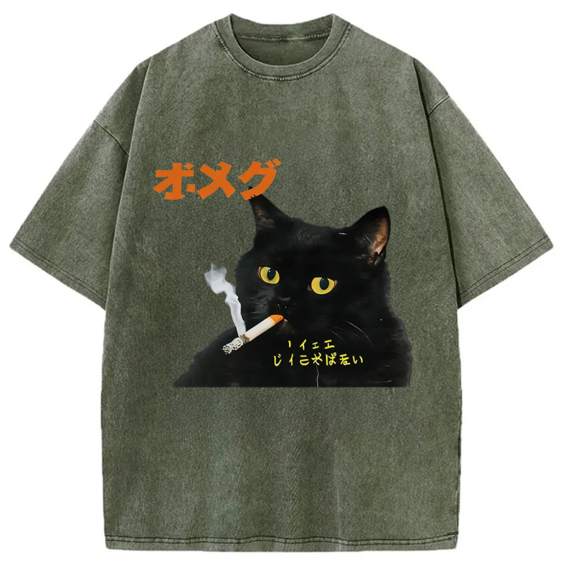 Modecanvas Smoking Cat Japanese DTG Printing Washed T-Shirt