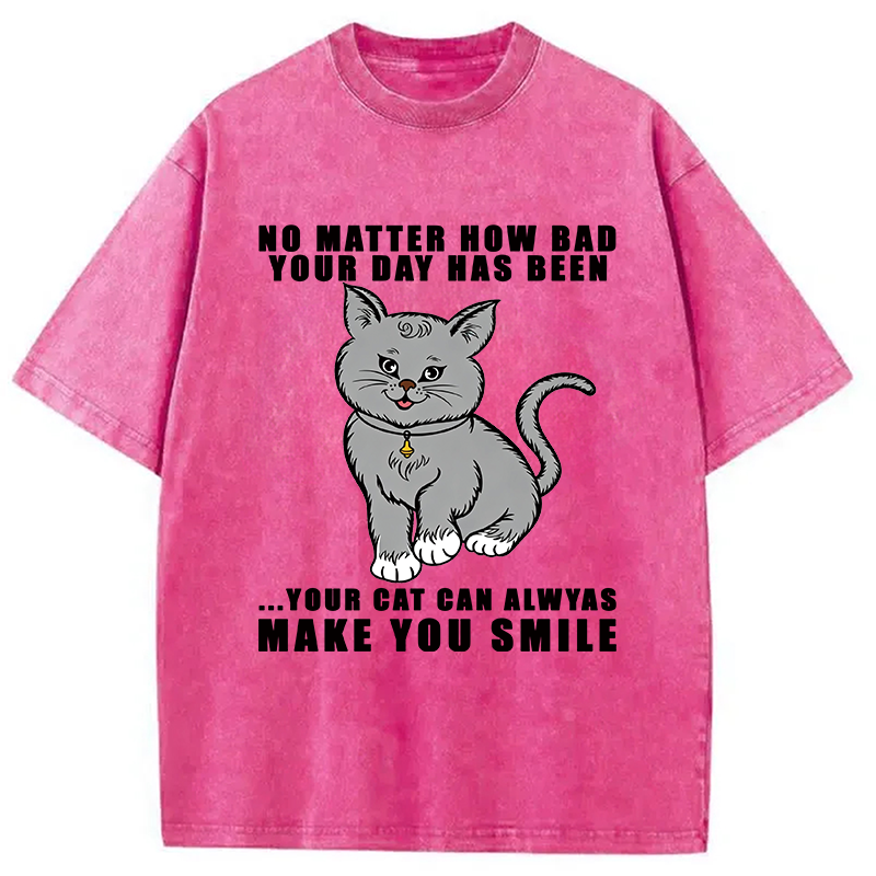 Modecanvas Funny Cat Make You Smile DTG Printing Washed T-Shirt