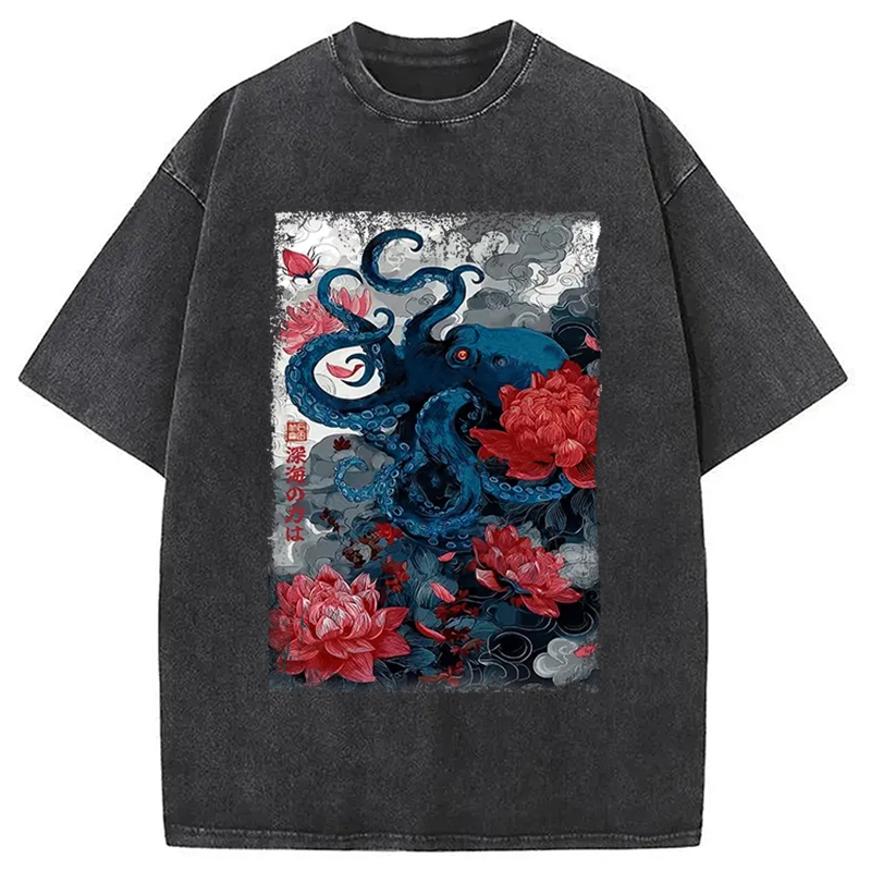 Modecanvas Deep Sea Retro Octopus Washed T-Shirt