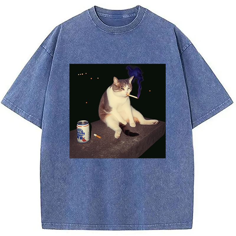 Modecanvas Cigarette Kitten Funny Smoking Cat Meme Washed T-Shirt-modecanvas