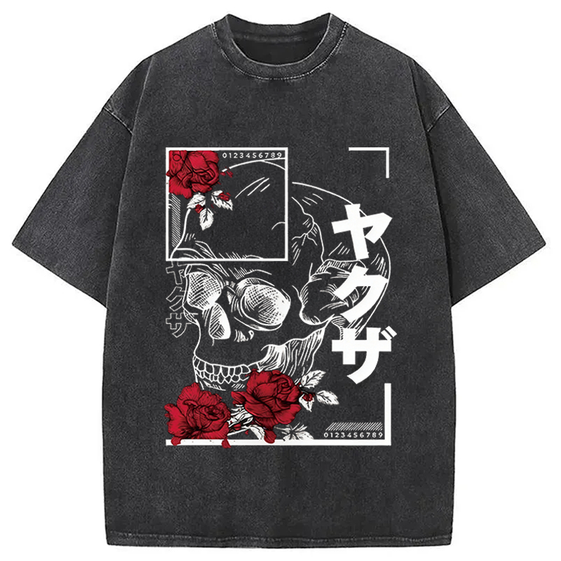 Modecanvas Skull Red Roses DTG Printing Washed T-Shirt-modecanvas