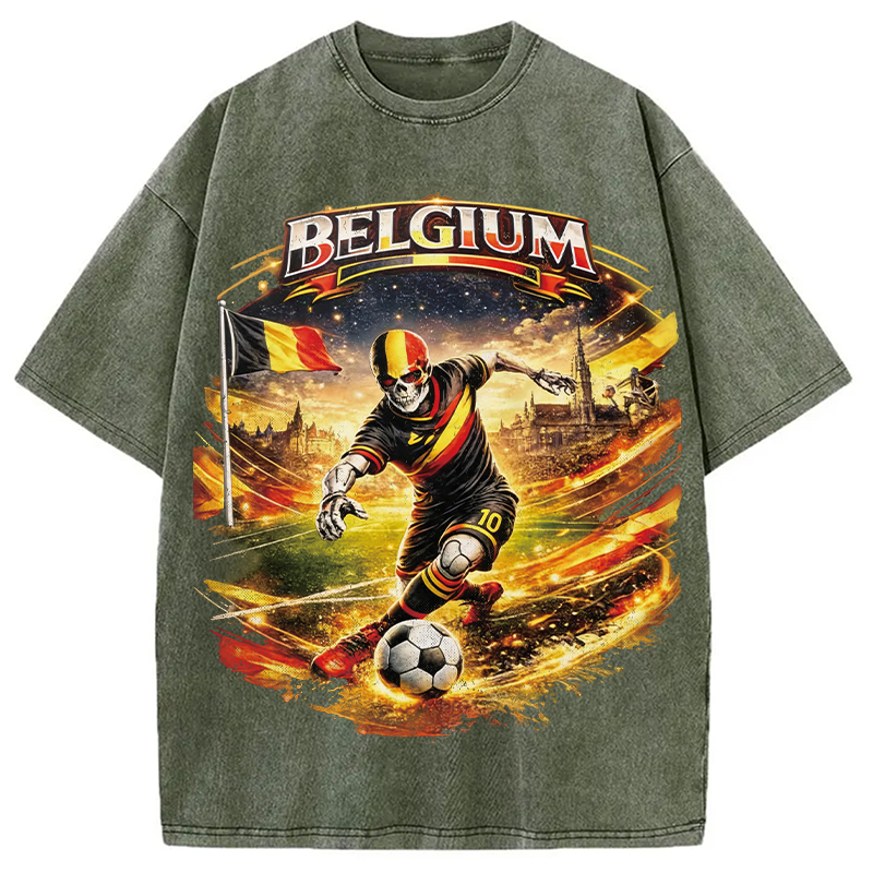 Modecanvas Belgium Soccer Skull DTG Printing Washed T-Shirt
