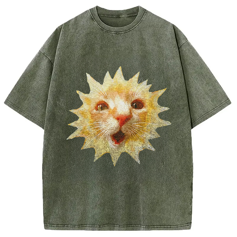Modecanvas Sun Cat Meme DTG Printing Washed T-Shirt