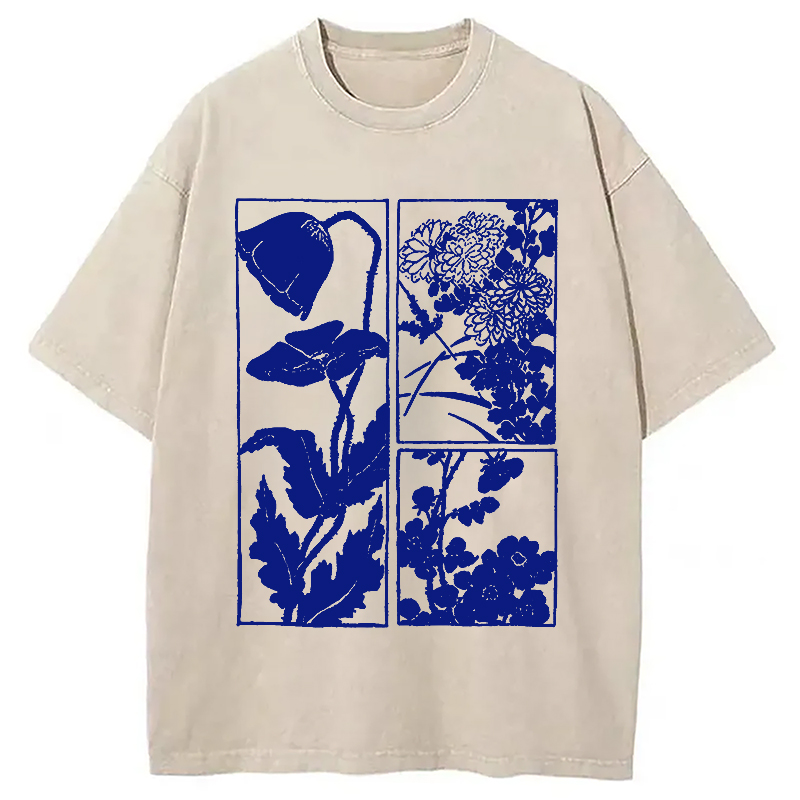 Modecanvas Woodcut Flowers Washed T-Shirt-modecanvas