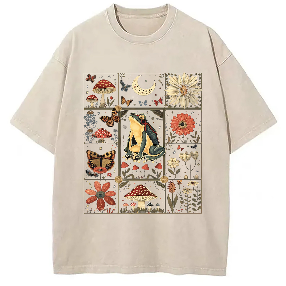 Modecanvas Celestial Frog Goblincore Mushroom Washed T-Shirt-modecanvas