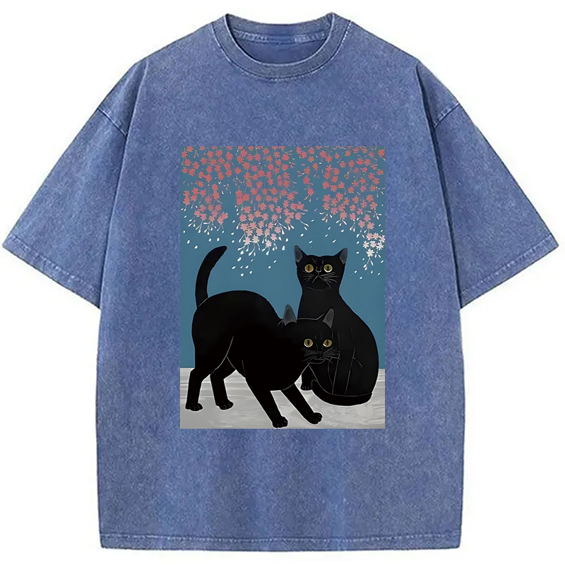 Modecanvas Black Cat Under The Sakura Washed T-Shirt