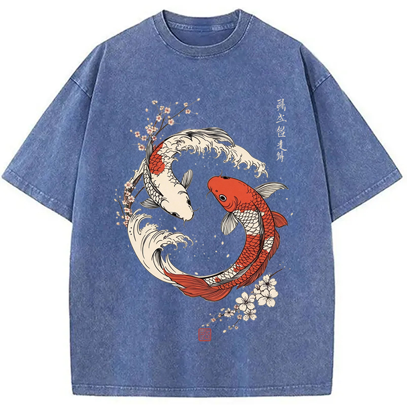 Modecanvas Koi Fish Cherry Blossoms Japanese DTG Printing Washed T-Shirt