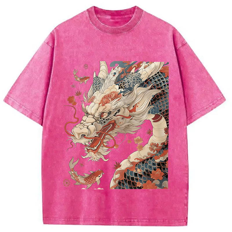 Modecanvas Dragon Koi Fish DTG Printing Washed T-Shirt