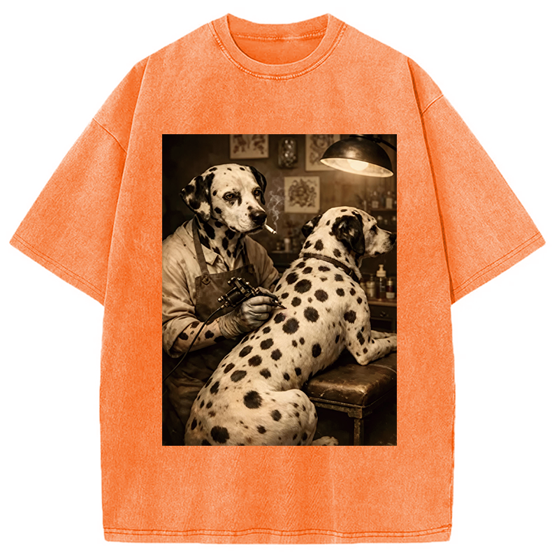 Modecanvas Funny Dalmatian Tattoo Dog DTG Printing Washed T-Shirt