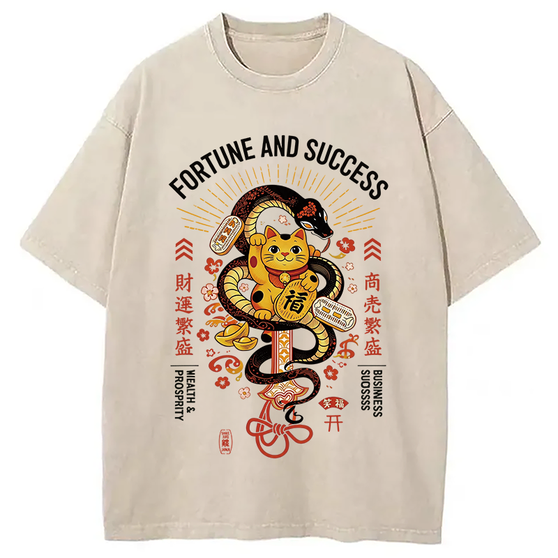 Modecanvas Fortune And Success Maneki Neko DTG Printing Washed T-Shirt