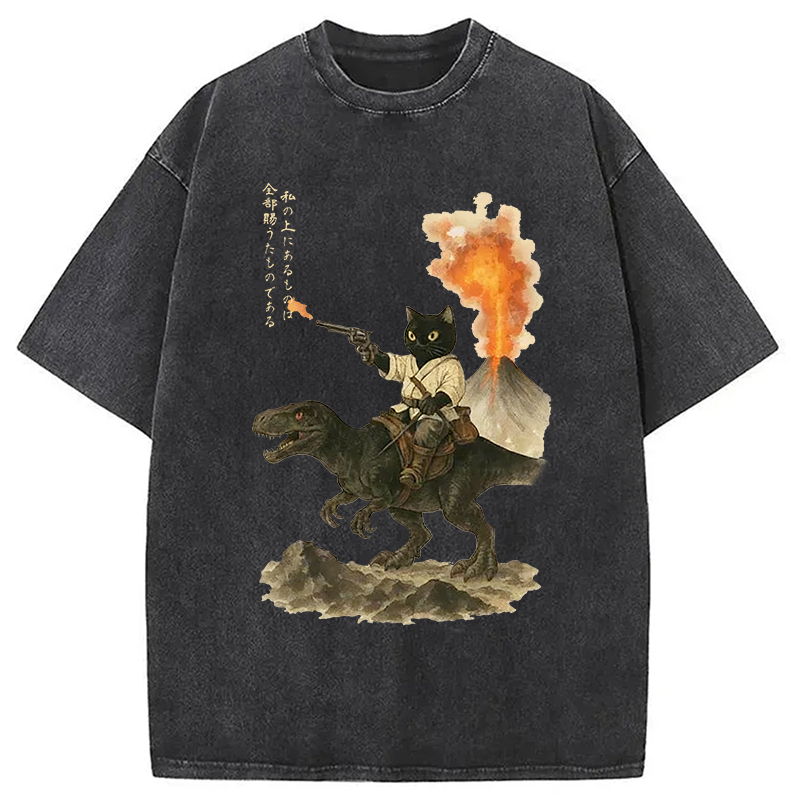 Modecanvas Cat Riding A Dinosaur Washed T-Shirt-modecanvas