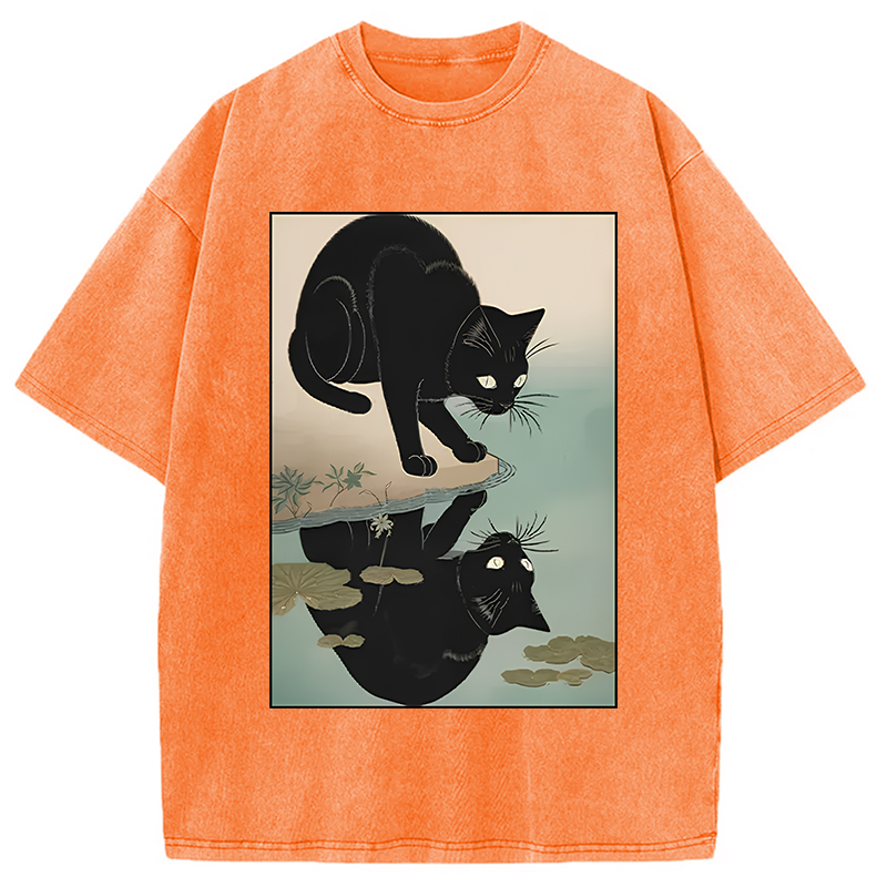 Modecanvas Cat Drinking River Water Washed T-Shirt