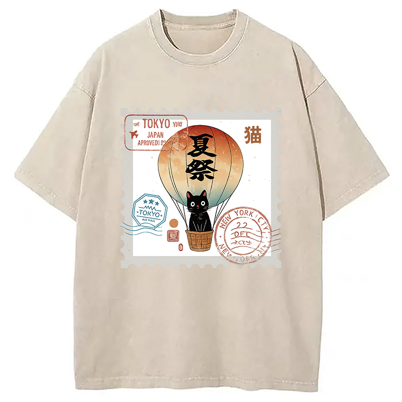 Modecanvas Japanese Cat Stamp Washed T-Shirt