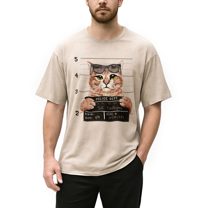 Modecanvas Cat Holding Mugshot Arrested Washed T-Shirt