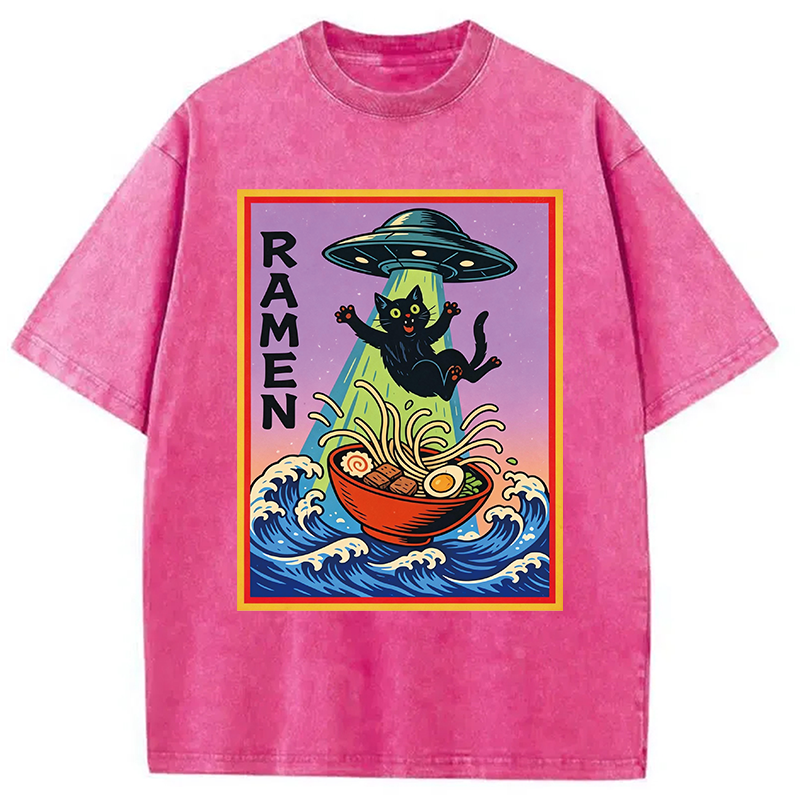 Modecanvas UFO Catching the Ramen Black Cat DTG Printing Washed T-Shirt