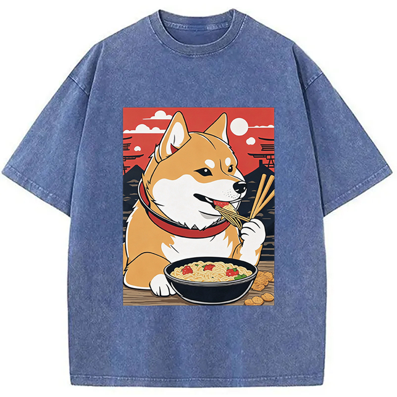 Modecanvas Cute Shiba Inu Dog Eating Ramen DTG Printing Washed T-Shirt