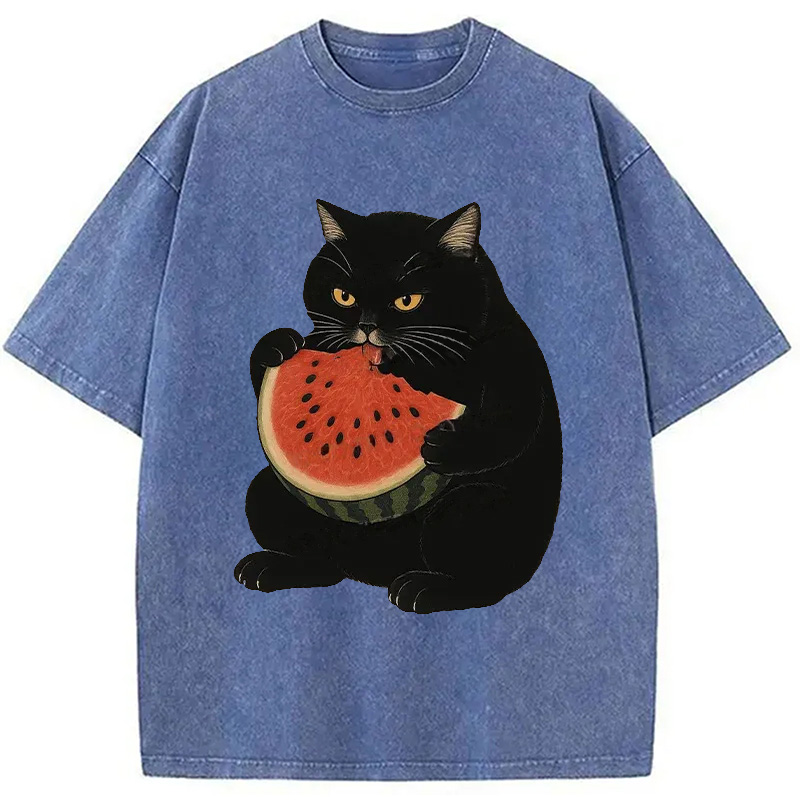 Modecanvas Black Cat Eating Watermelon Washed T-Shirt