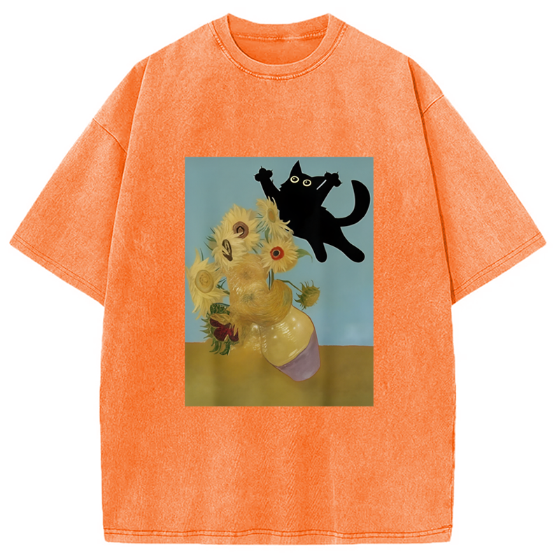 Modecanvas Playing Cat Sunflower Washed T-Shirt